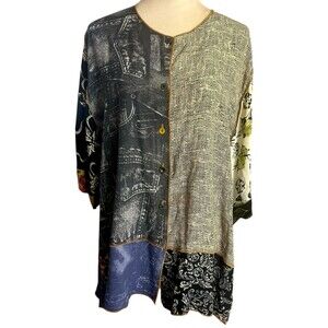 NOTHING MATCHES Size 2 VTG Funky Floral Mixed Media Button Down Tunic Top